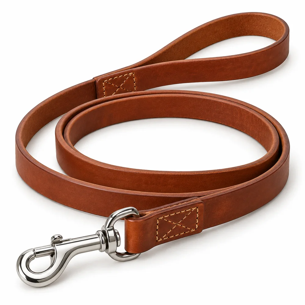 Brown leather leash with a stitched loop handle and silver swivel snap hook — AI-generated design reference