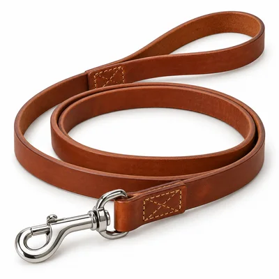 Brown leather leash with a stitched loop handle and silver swivel snap hook — AI-generated design reference