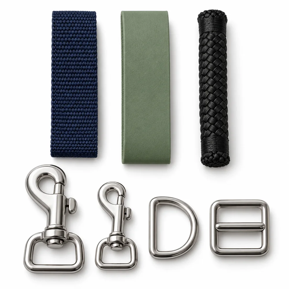 Webbing, coated strap, braided rope, swivel hooks, D ring and strap adjuster — AI-generated design reference