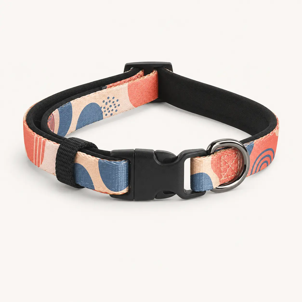 Orange navy and cream abstract print padded dog collar with black quick-release buckle