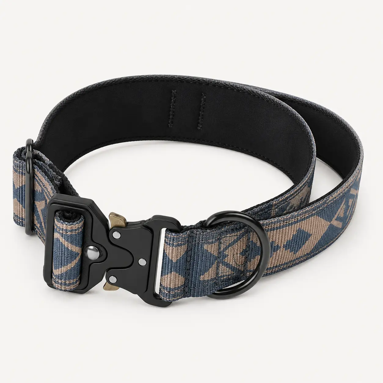 Blue geometric padded tactical dog collar with black metal quick-release buckle and D-ring