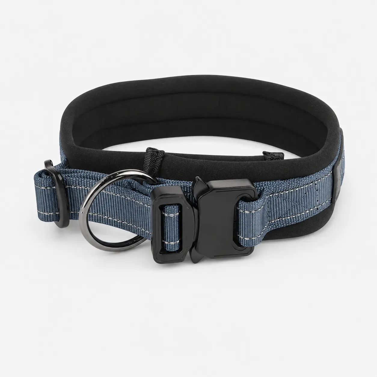 Blue wide padded dog collar with quick-release buckle and large leash ring