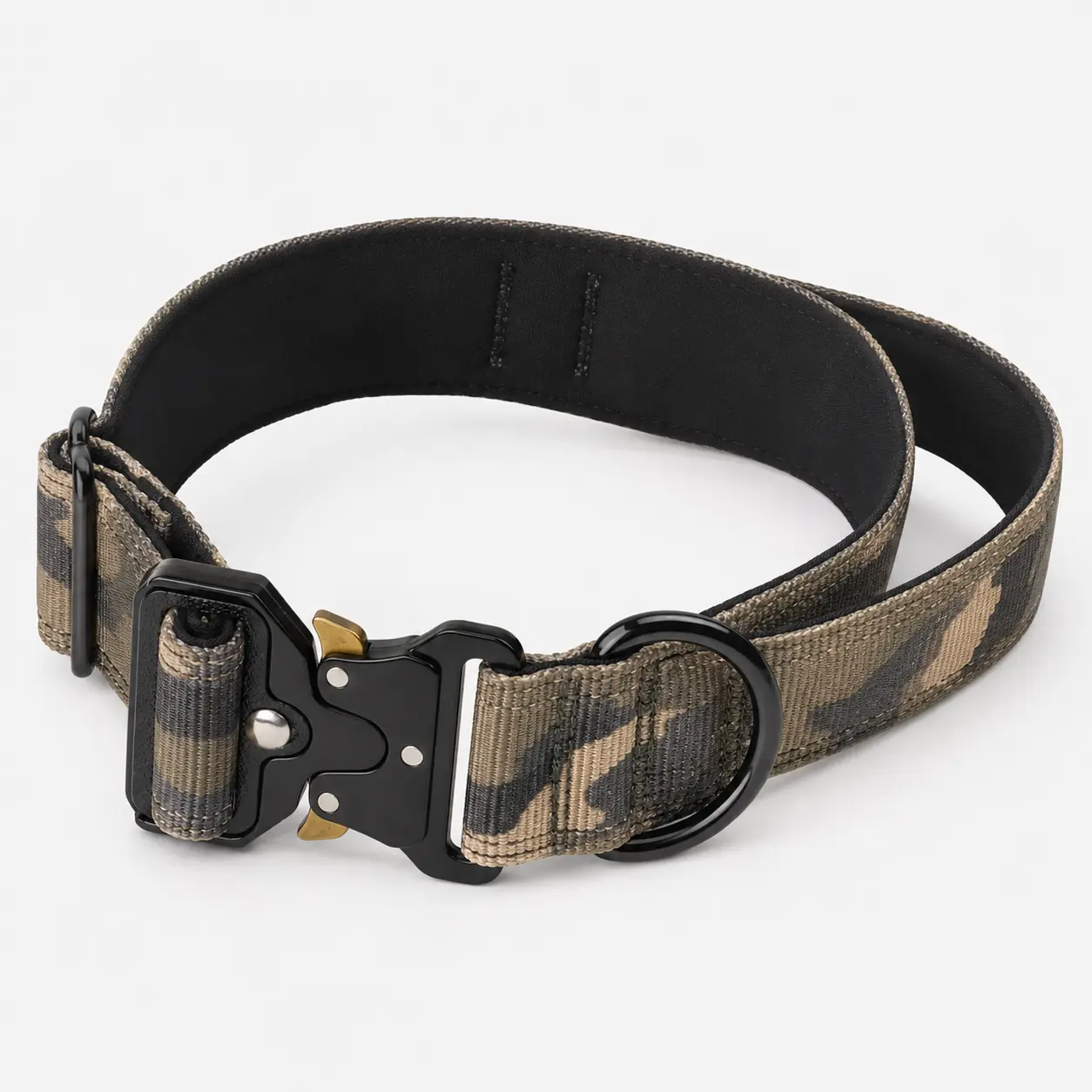 Camouflage padded tactical dog collar with black metal quick-release buckle and D-ring
