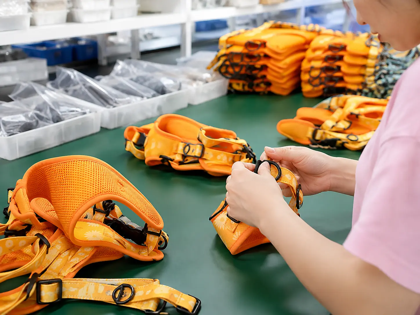 HUIJIA PET operator assembling custom dog harnesses for OEM bulk production