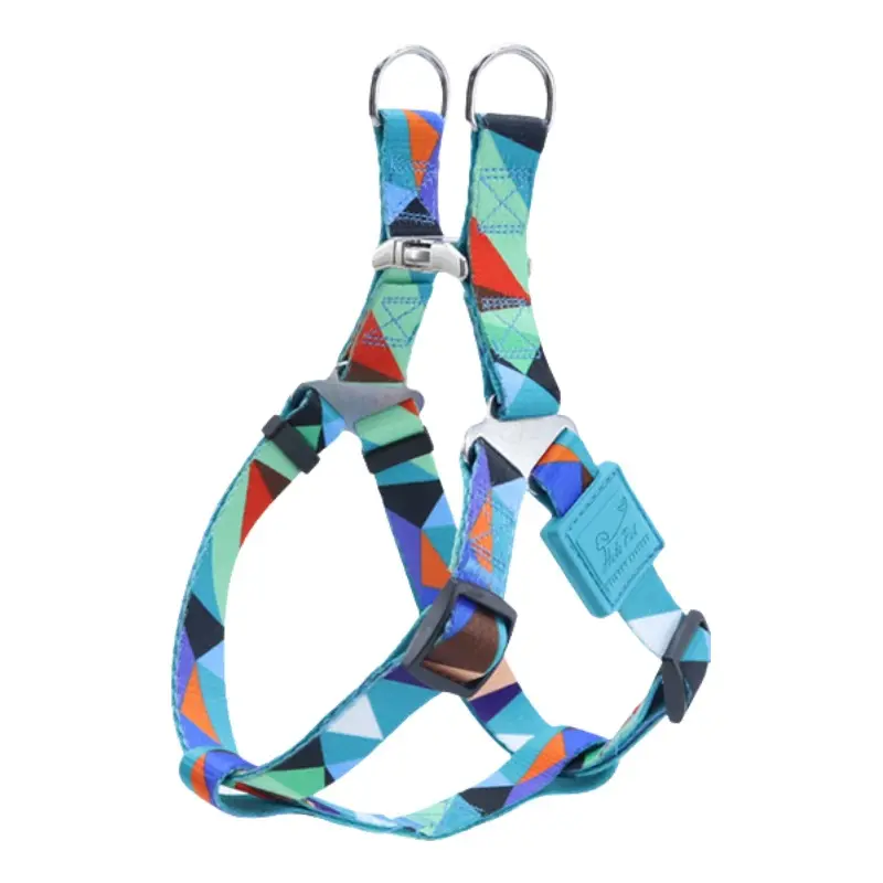 Blue multicolor geometric printed adjustable H-style dog harness