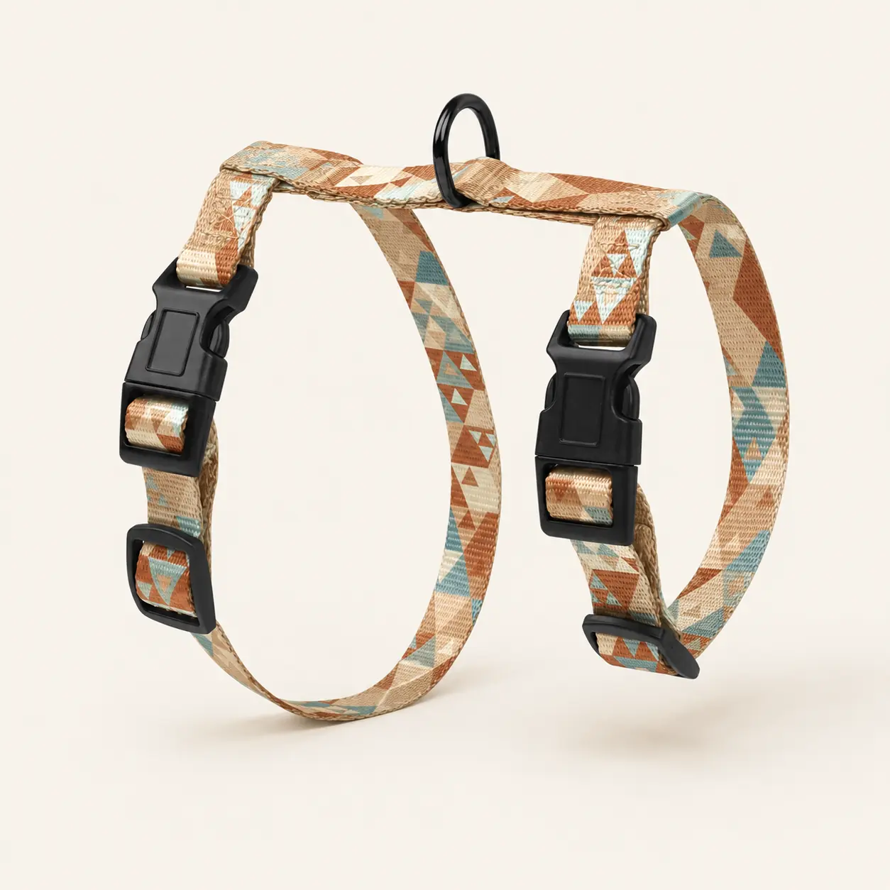 Geometric print custom step-in dog harness with adjustable straps and black hardware