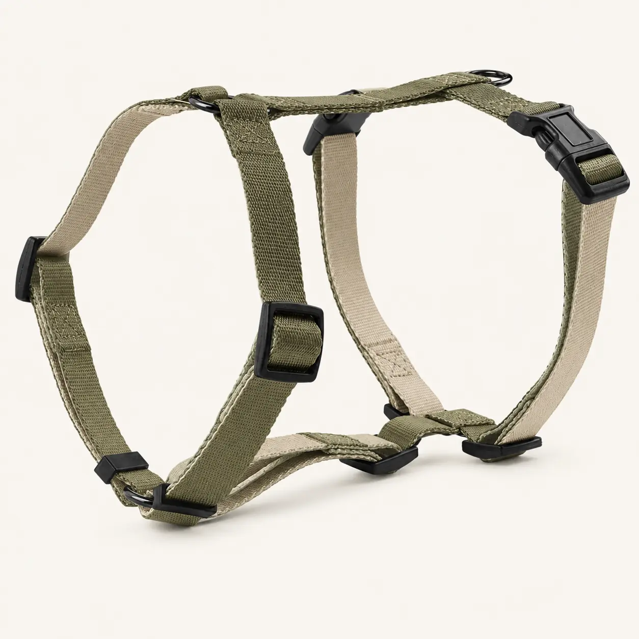 Khaki custom adjustable nylon dog harness with webbing straps, buckle and black D-rings