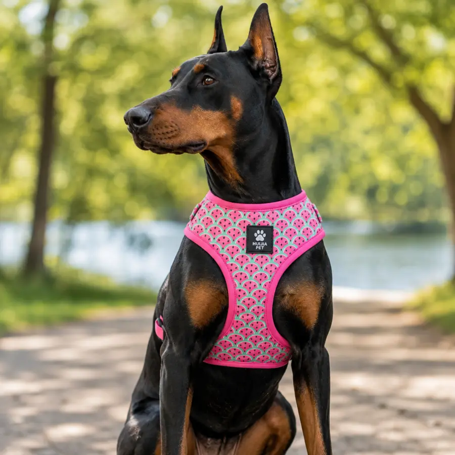 Pink printed mesh and neoprene dog harness with HUIJIA PET private-label patch