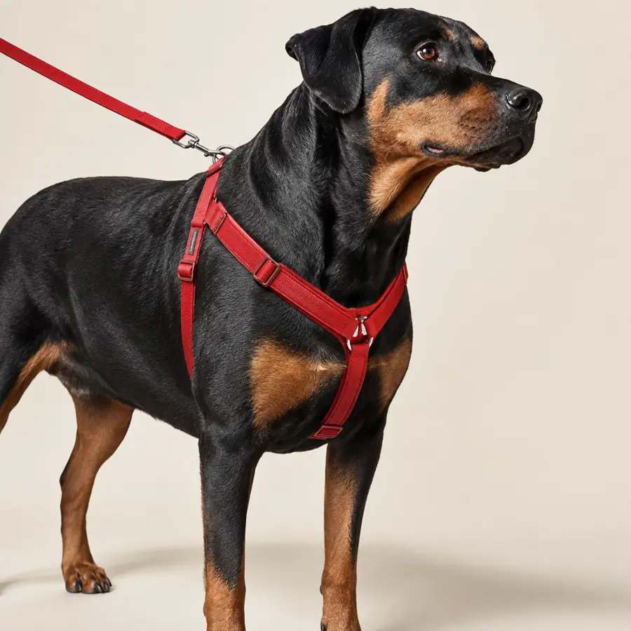 Red adjustable no-pull dog harness fitted on a large dog for OEM development by HUIJIA PET