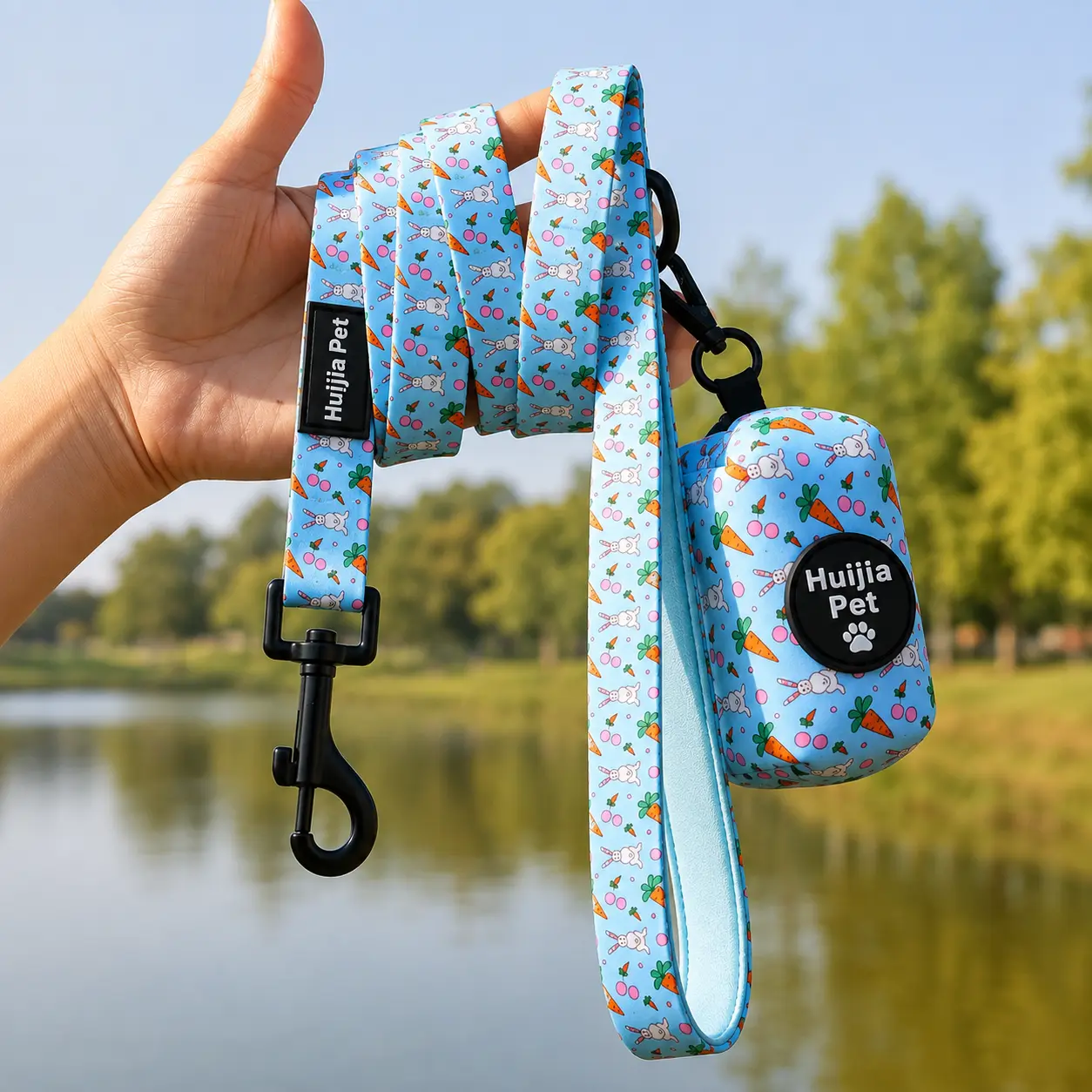 Custom printed dog leash with matching poop bag holder for private-label retail