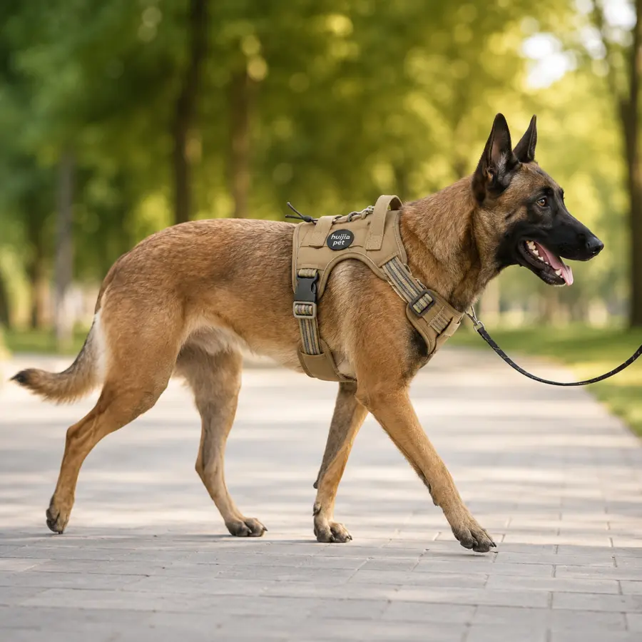 Tan tactical outdoor dog harness with handle, adjustable straps and reinforced hardware by HUIJIA PET