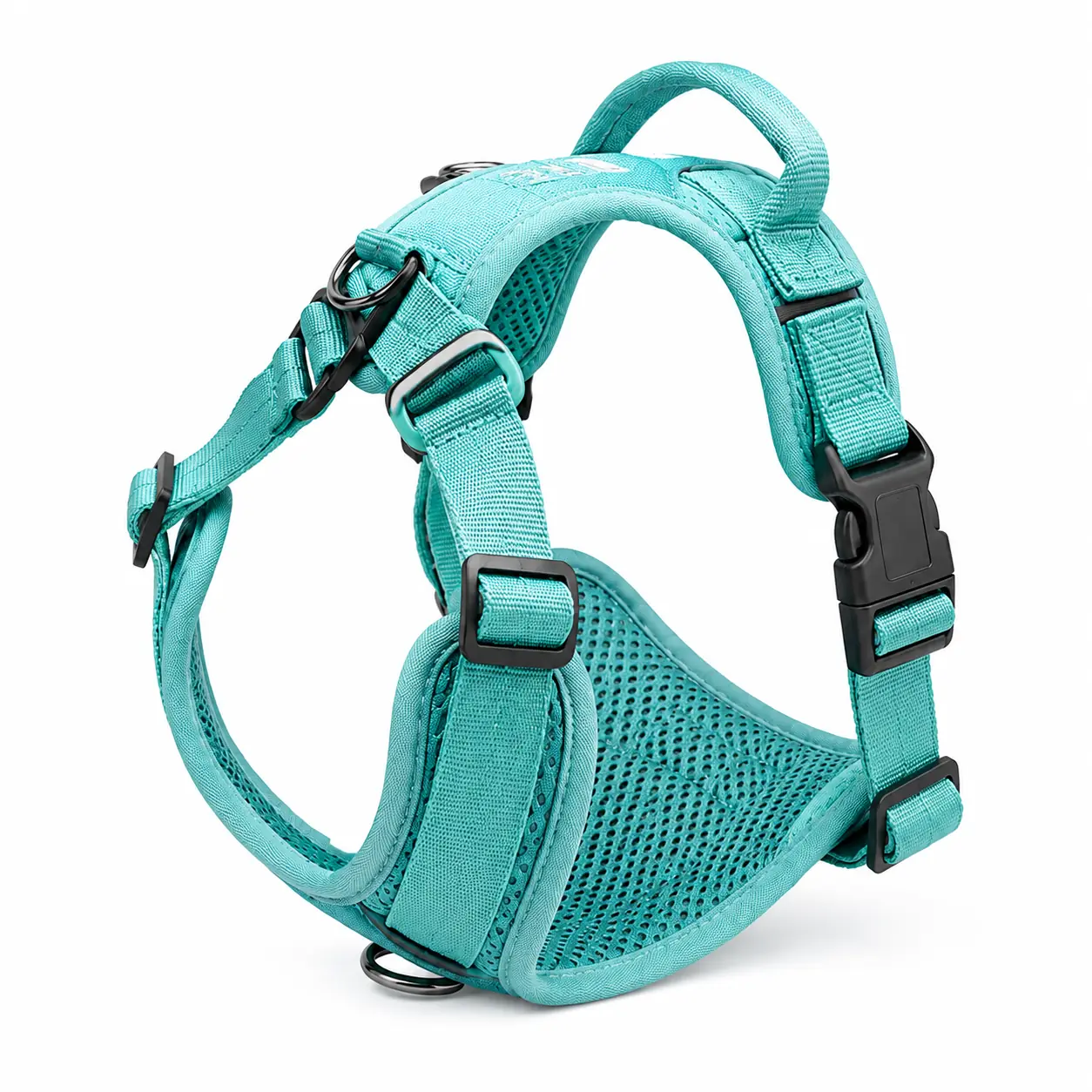 Turquoise custom mesh no-pull dog harness with adjustable webbing for private-label pet brands