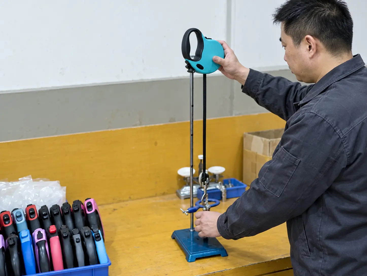 Quality inspector performing a pull-strength check on dog leash webbing and hardware