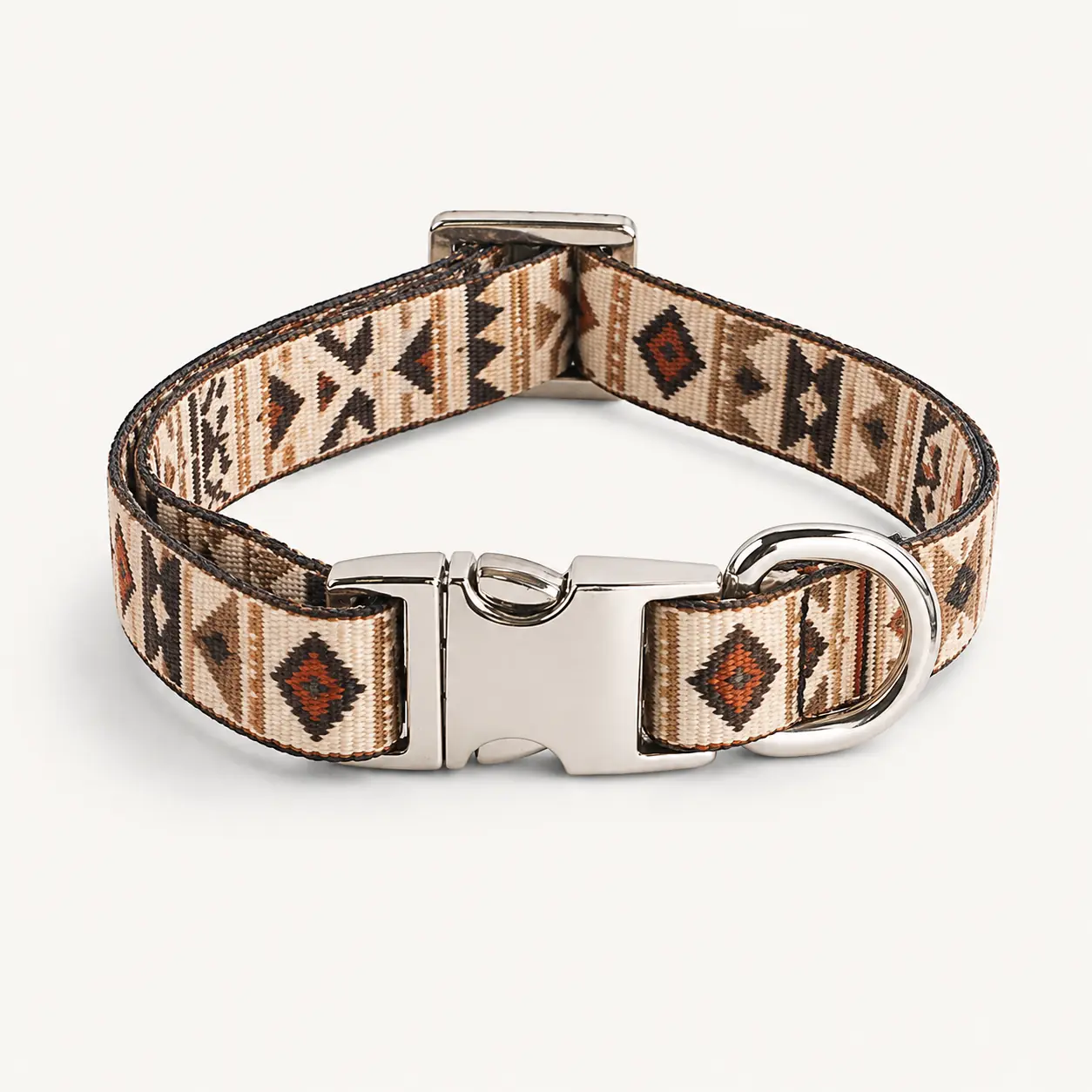 Cream and brown geometric print dog collar with polished metal buckle and D-ring