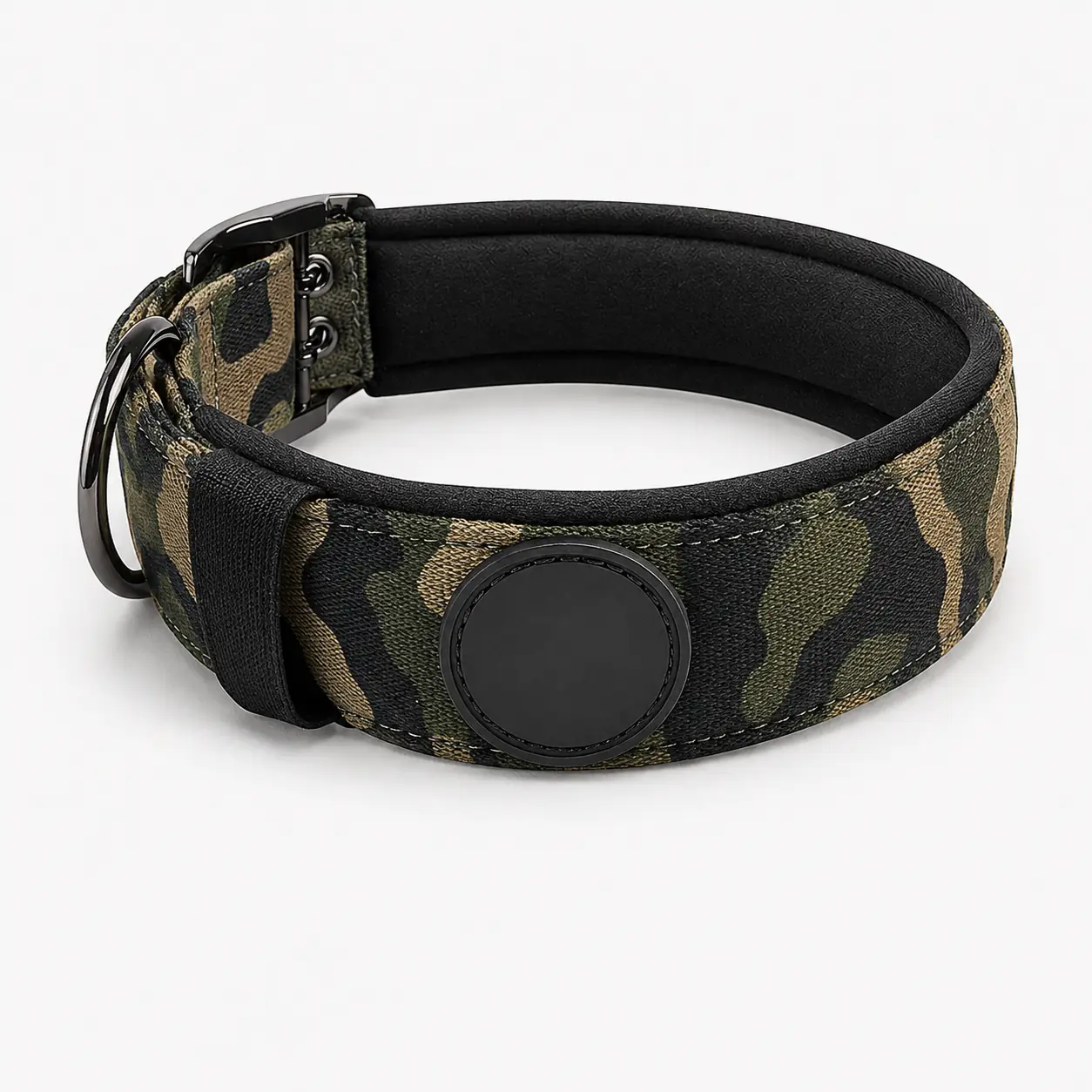 Green camouflage padded dog collar with customizable round logo patch