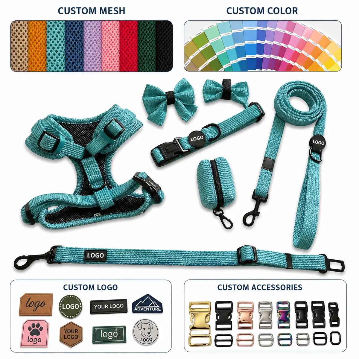 OEM and ODM custom dog harness collection showing color, logo, mesh and hardware options