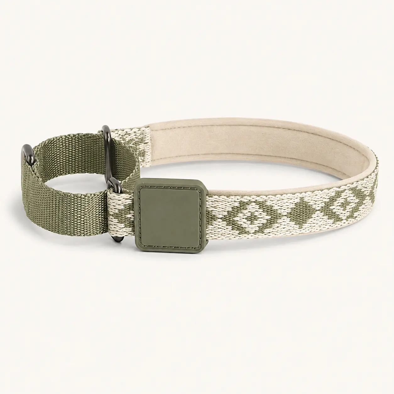 Olive green and cream geometric padded dog collar with square logo patch