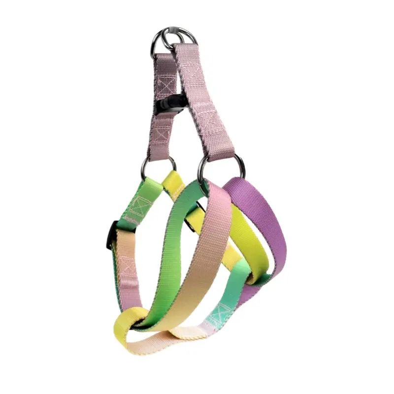 Macaron rainbow ombre gradient adjustable webbing dog harness with plastic quick-release components and metal rings