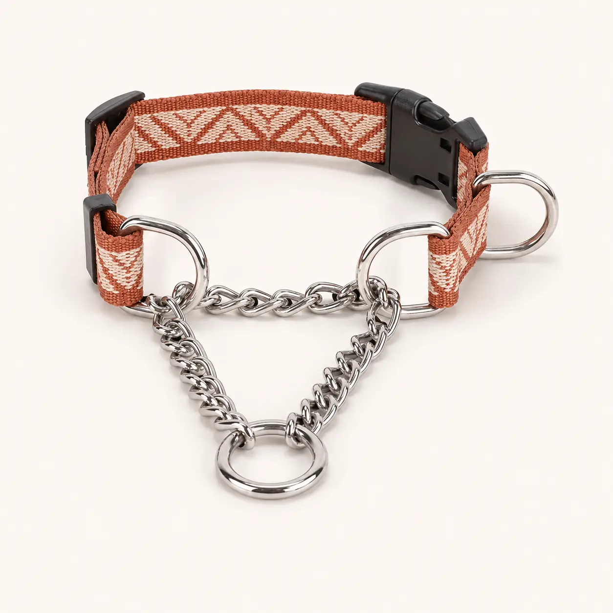 Orange and cream patterned martingale dog collar with metal control chain and rings