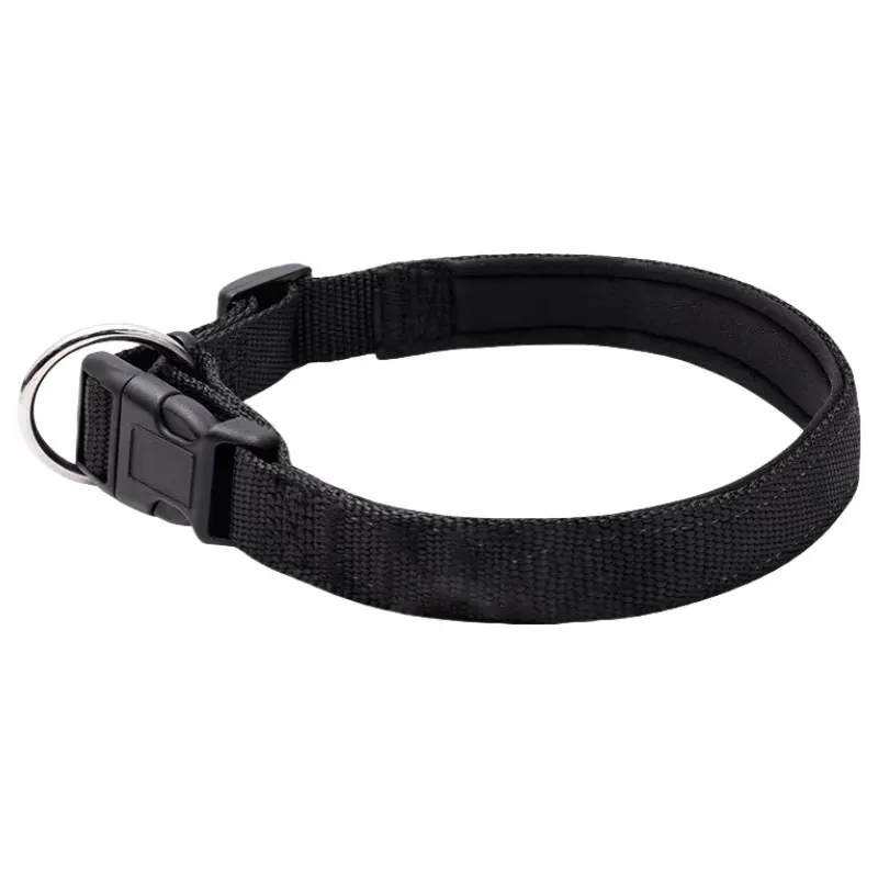 Black padded nylon dog collar with plastic quick-release buckle and metal D-ring