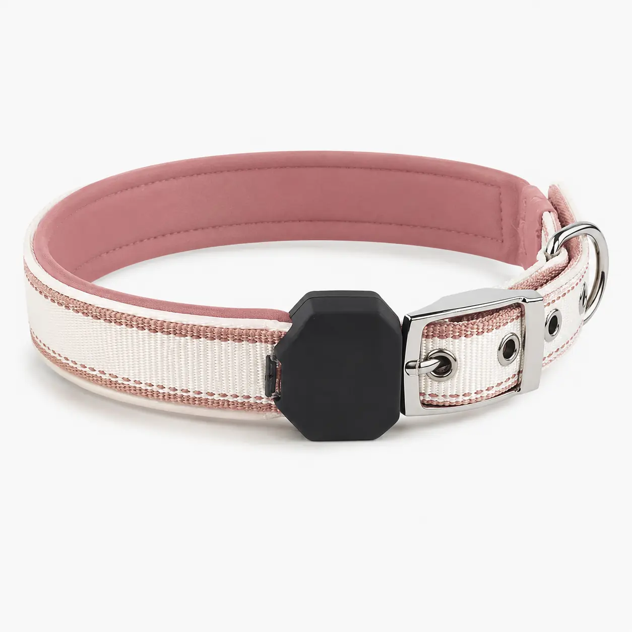 Pink and white padded dog collar with polished metal pin buckle and D-ring