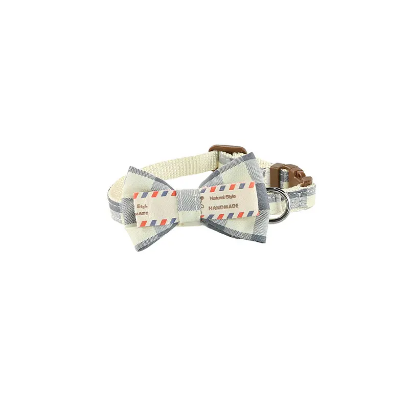 Charcoal plaid printed bow tie dog collar thumbnail
