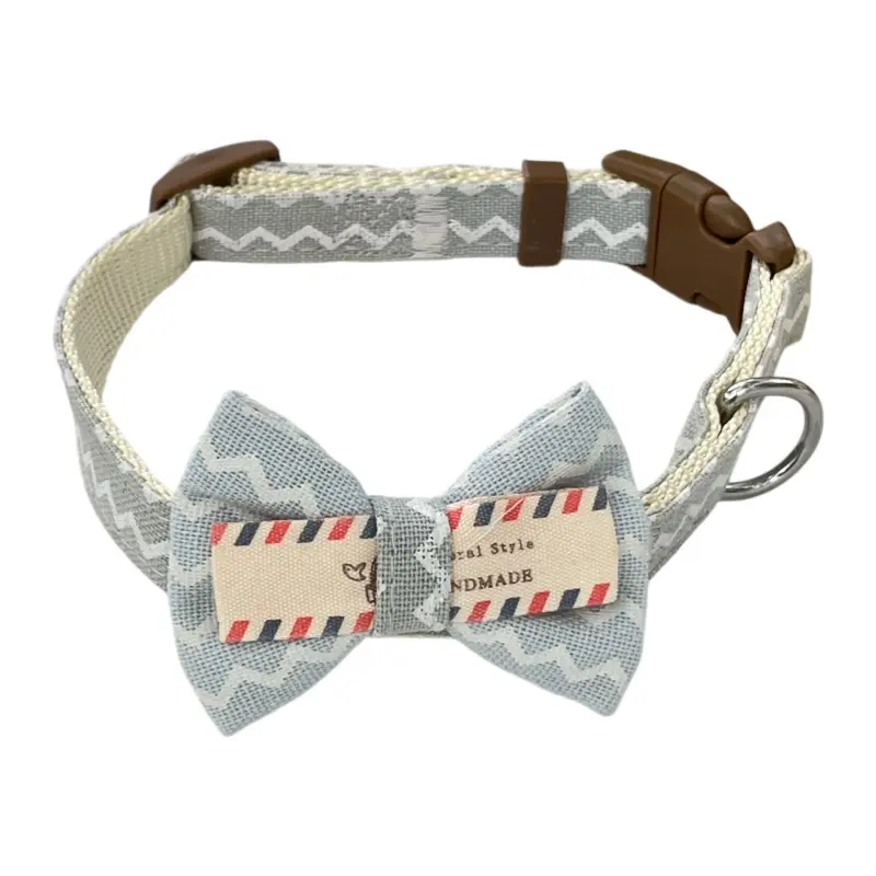 Gray chevron printed bow tie dog collar with plastic quick-release buckle
