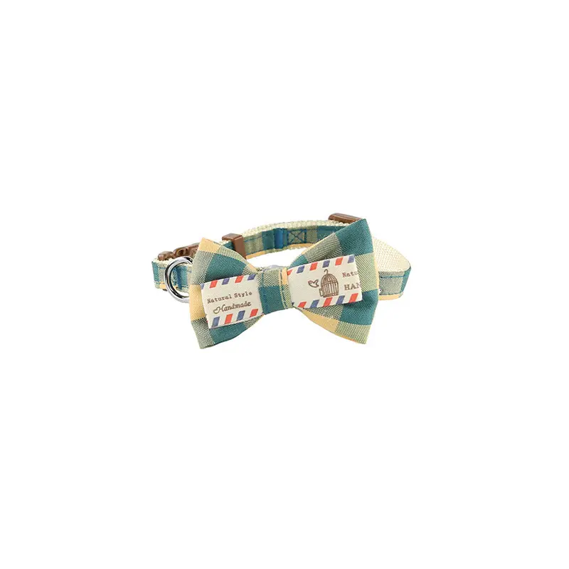 Light blue plaid printed bow tie dog collar thumbnail