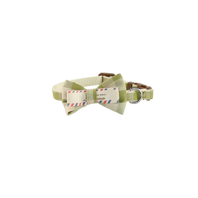 Light green plaid printed bow tie dog collar thumbnail