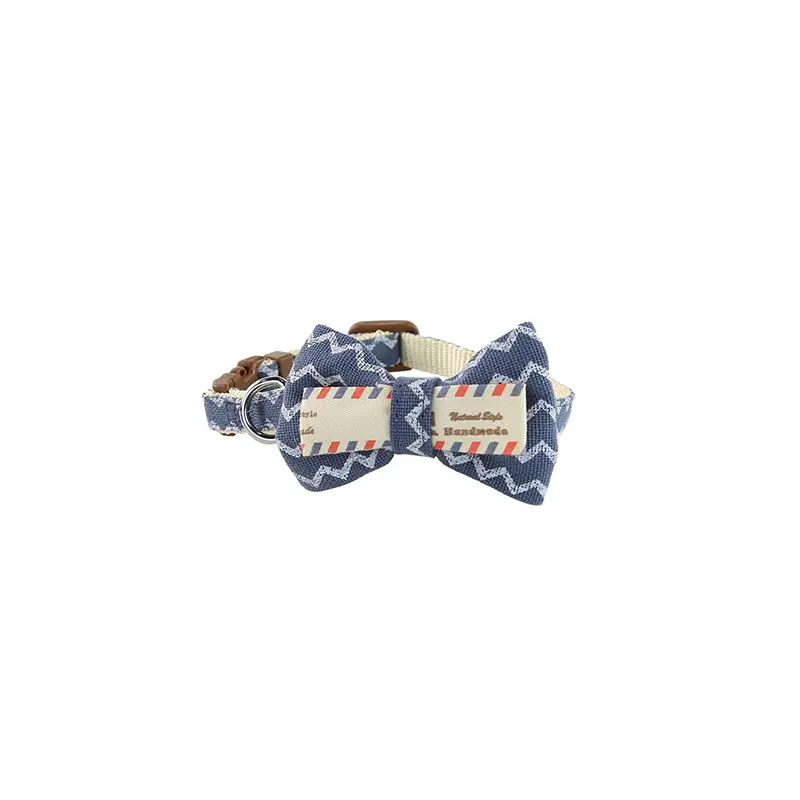 Navy chevron printed bow tie dog collar thumbnail
