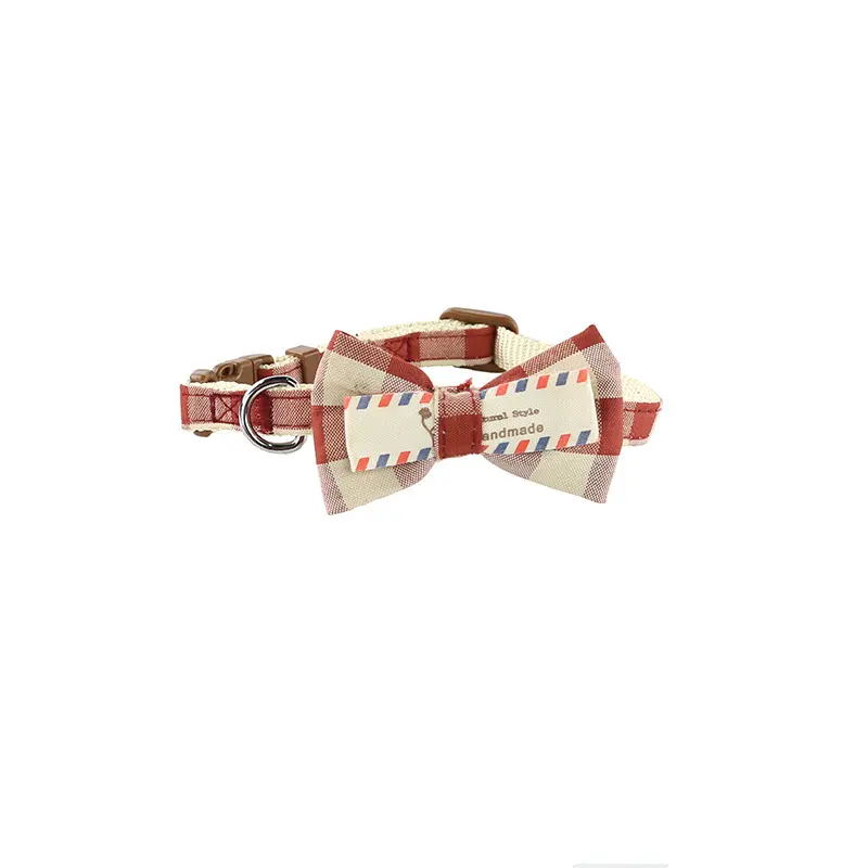 Red plaid printed bow tie dog collar thumbnail