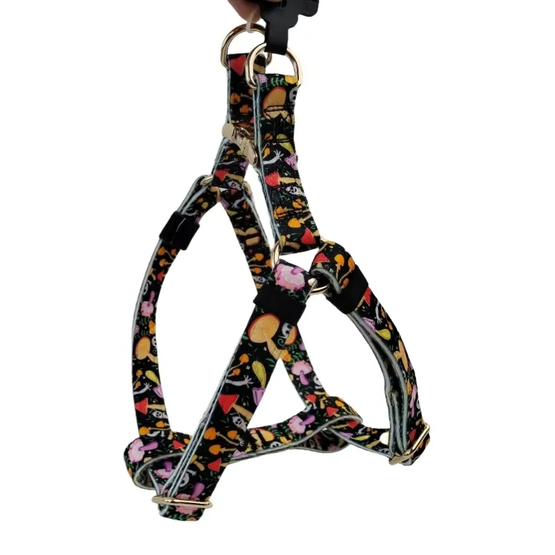 Black Mushroom Print metal buckle dog harness thumbnail