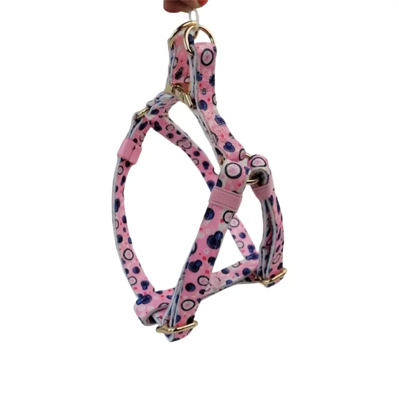 Pink blueberry print adjustable dog harness with gold-tone metal buckle and metal rings