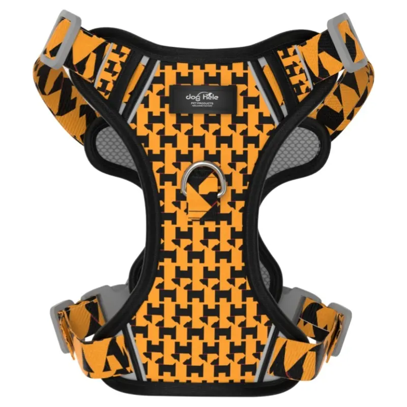 Orange Black Houndstooth printed padded dog harness thumbnail
