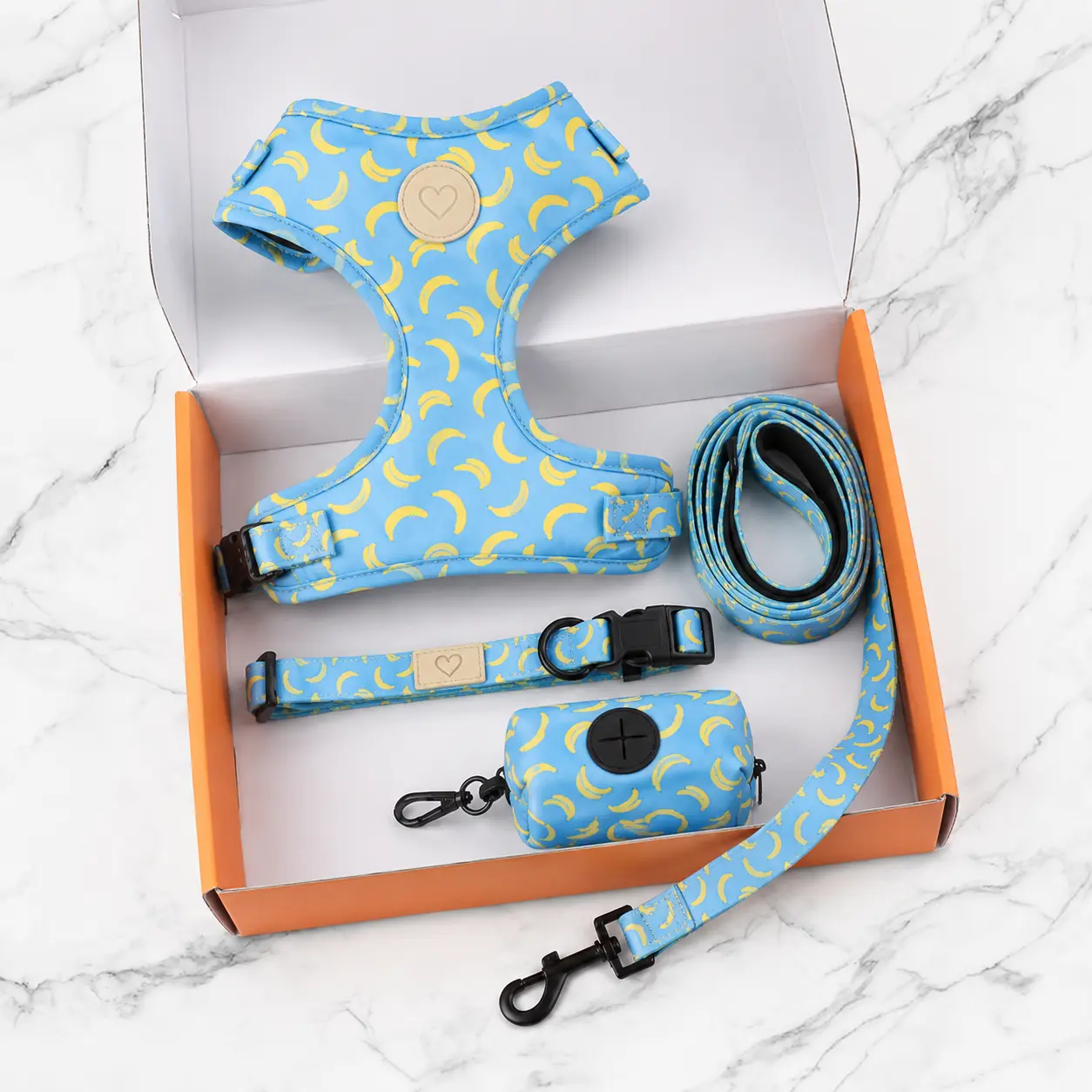Private-label dog harness, collar and leash collection presented in custom retail gift-box packaging