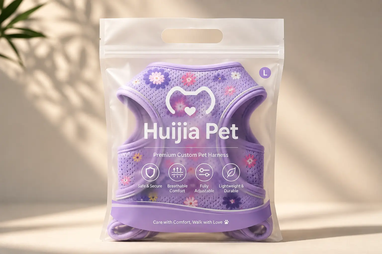 Custom retail packaging for a private-label floral mesh dog harness, including branded polybag presentation