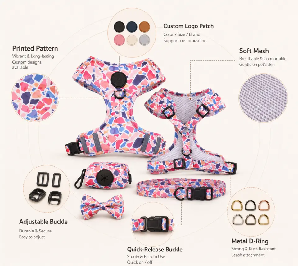 Private-label custom dog harness collection showing printed patterns, logo patches, soft mesh, adjustable buckles and metal D-rings