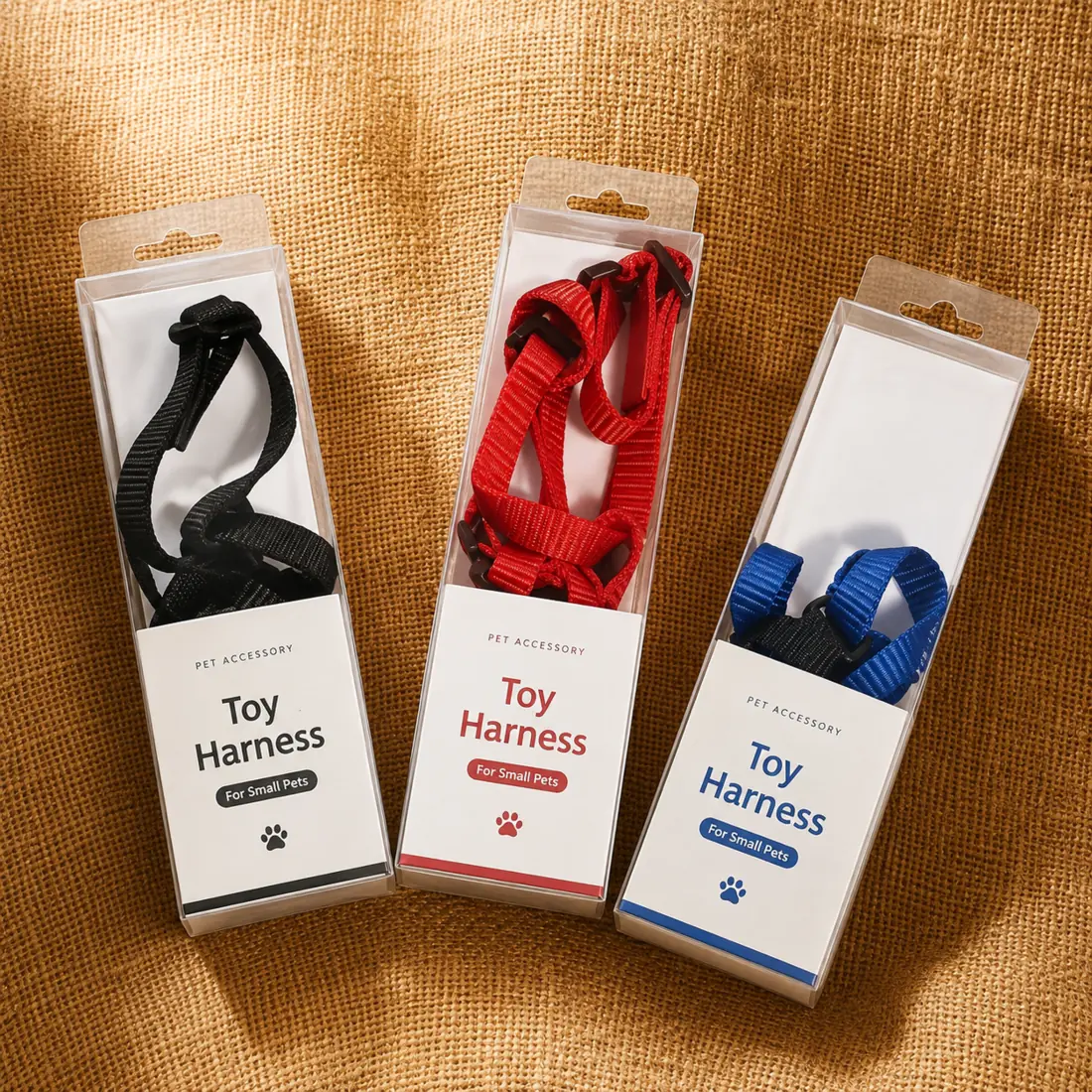 Private-label dog harness retail packaging in multiple colors for pet brands