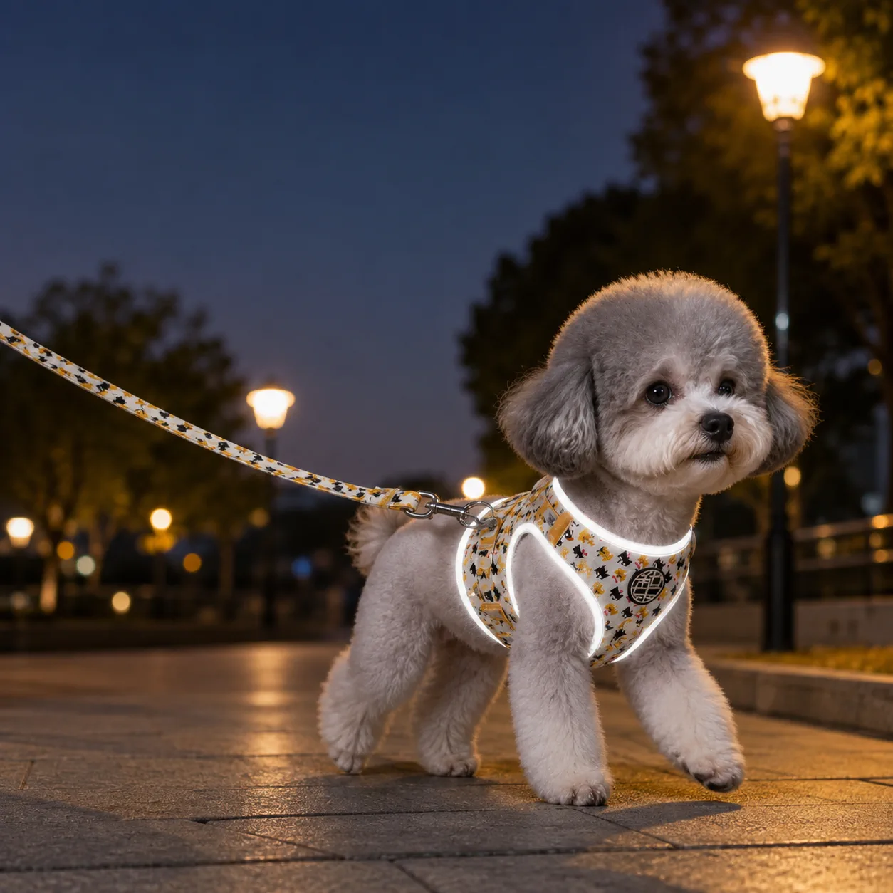 Small dog wearing a reflective yellow cat print mesh harness with matching leash at night