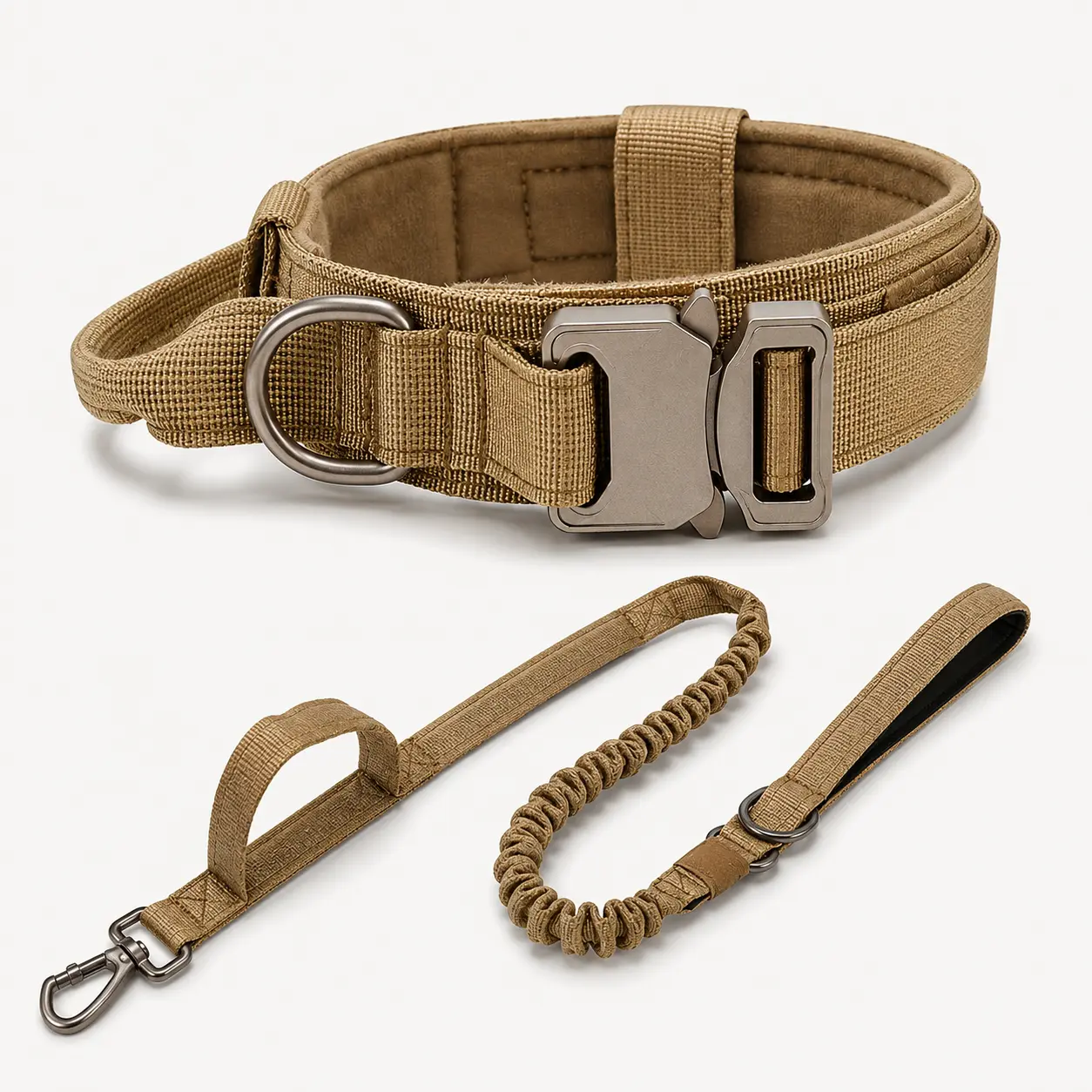 Khaki tactical dog collar and bungee leash set for private-label outdoor collections