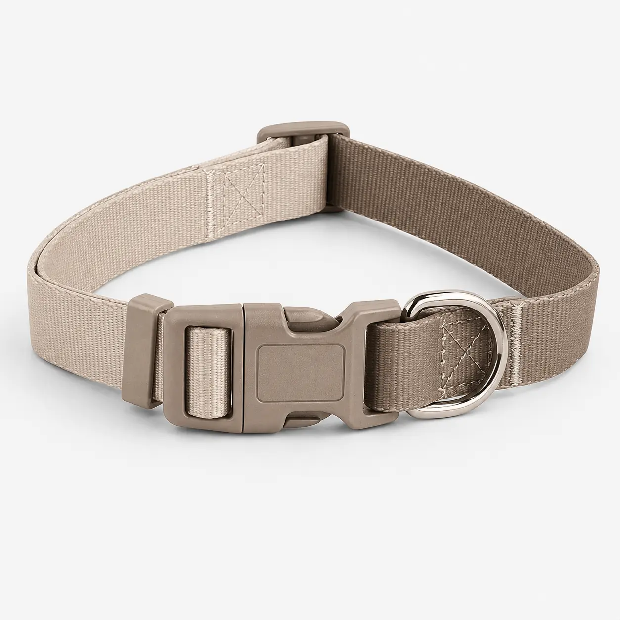 Taupe adjustable nylon dog collar with matching quick-release buckle and metal D-ring