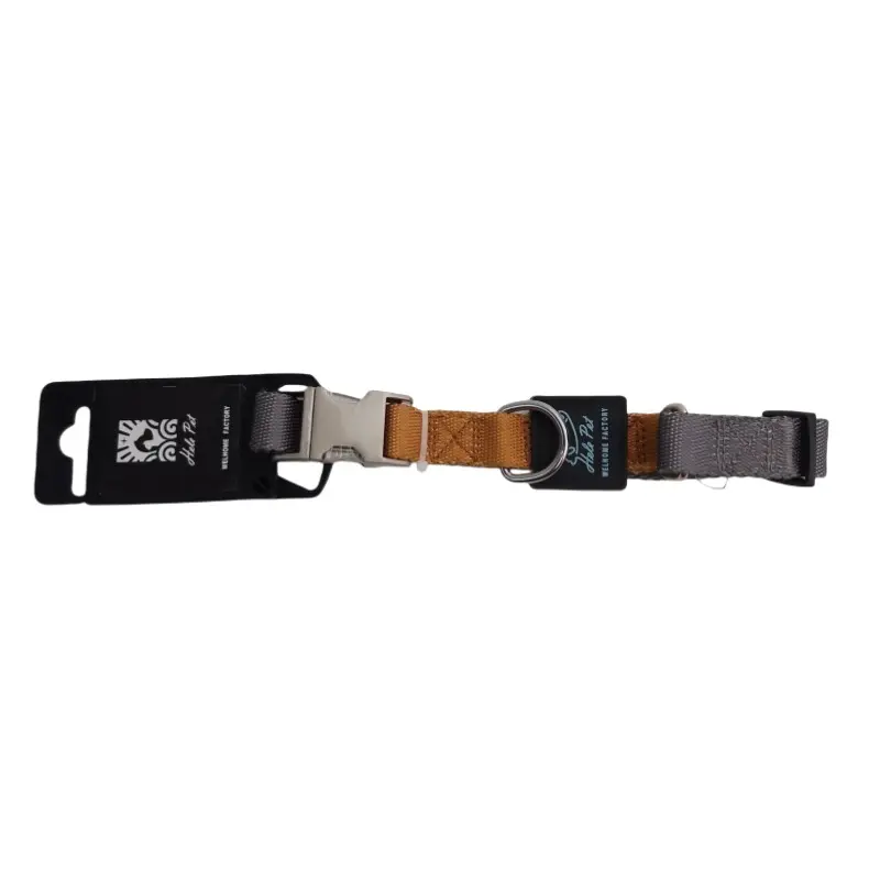 Gray and brown two-tone nylon dog collar with metal quick-release buckle and D-ring