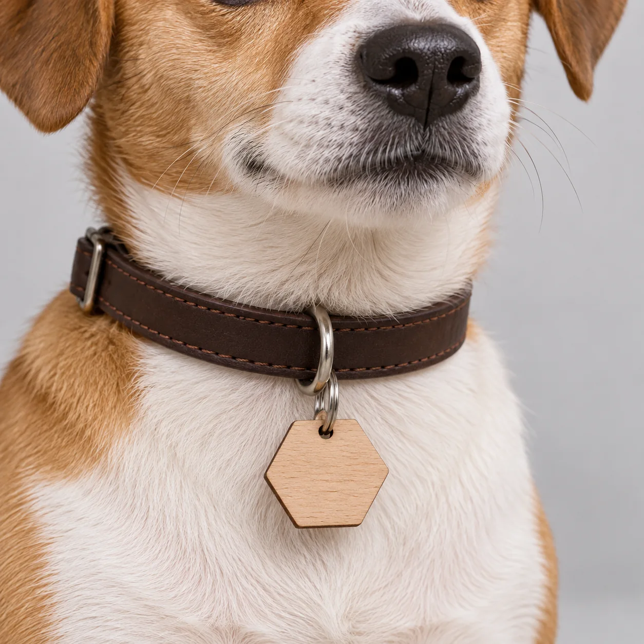 Custom Wooden Pet ID Tags — on-pet product visualization