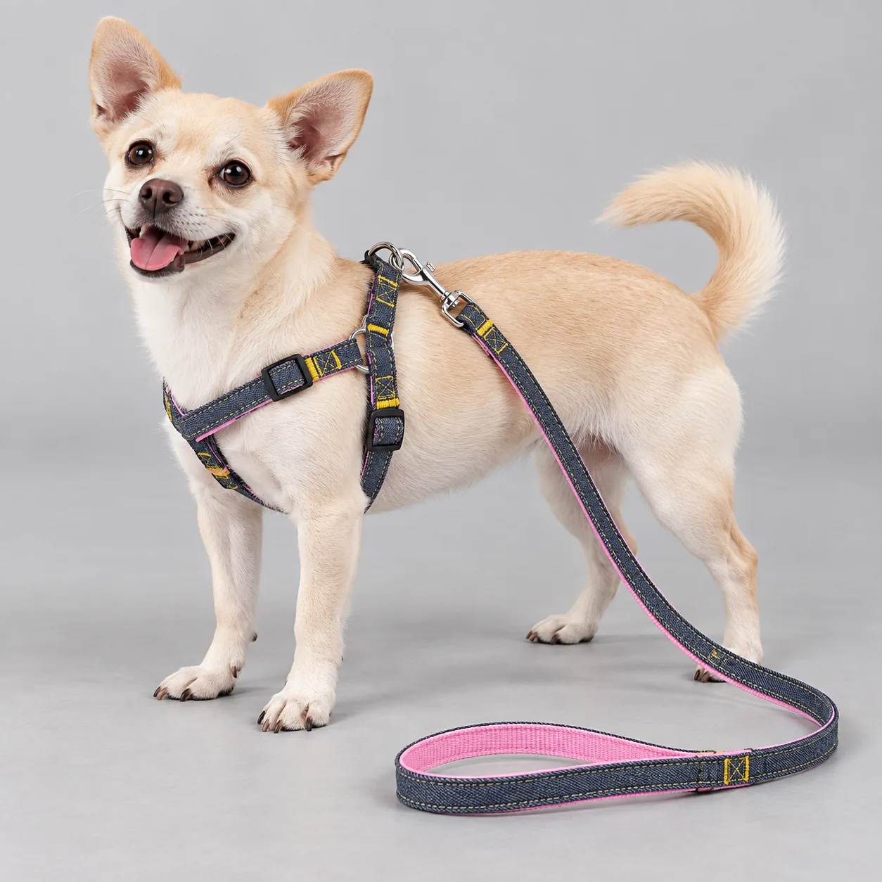Denim Panel Dog Harness and Leash Set — on-pet product visualization