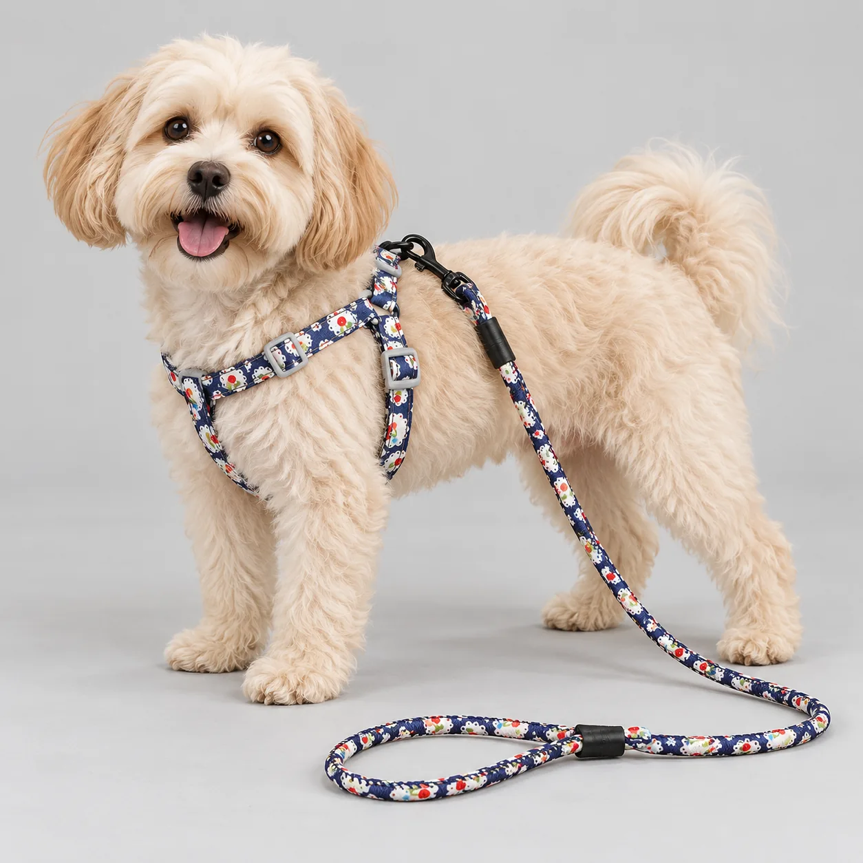 Ditsy Floral Harness and Rope Leash Set — on-pet product visualization