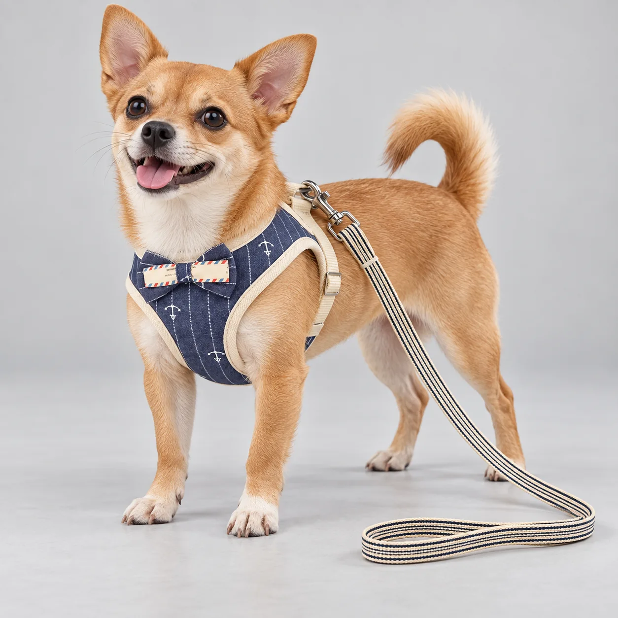 Nautical Bow Tie Vest Harness and Leash Set — on-pet product visualization