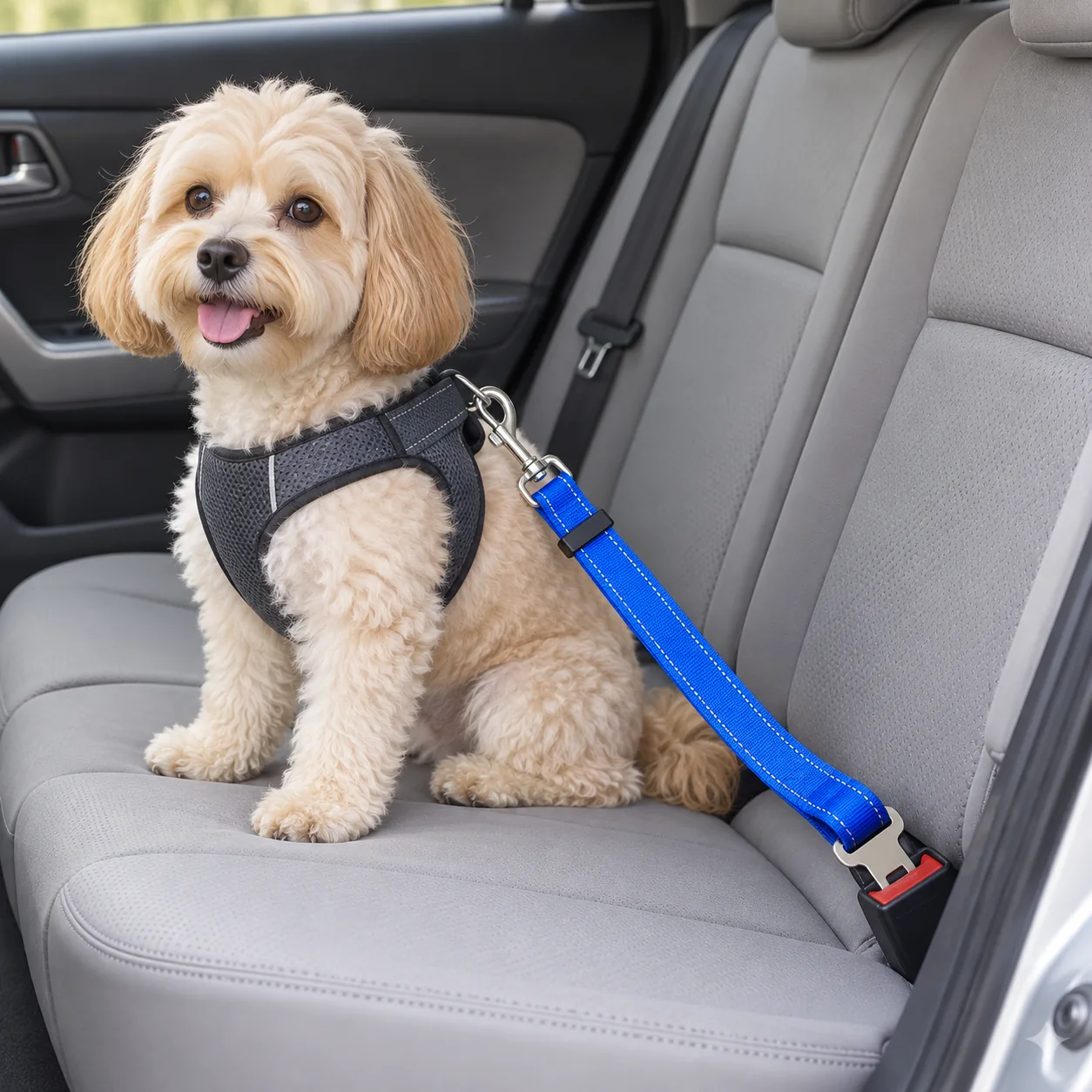 Reflective Adjustable Dog Car Tether — on-pet product visualization