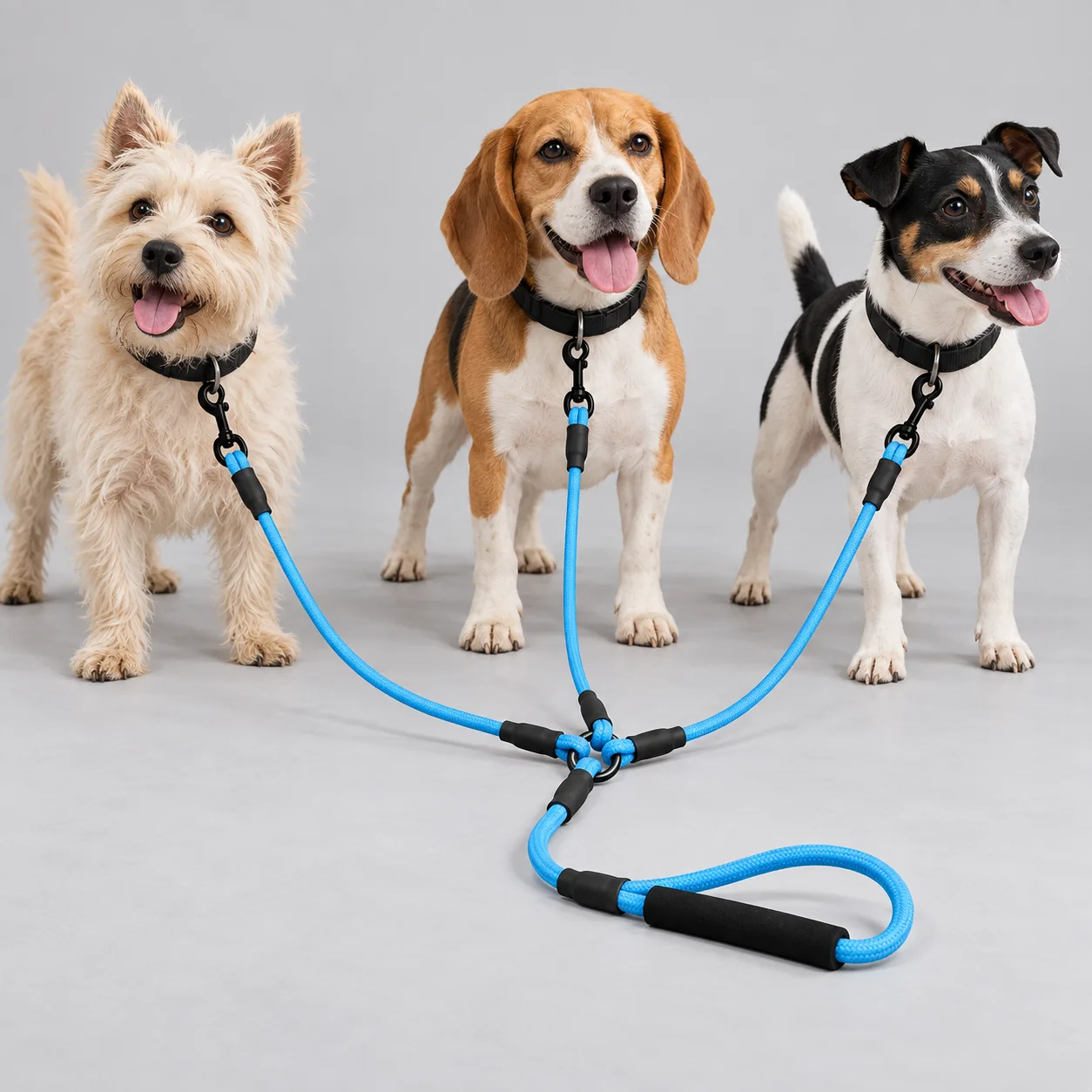 Three-Dog Rope Leash — on-pet product visualization