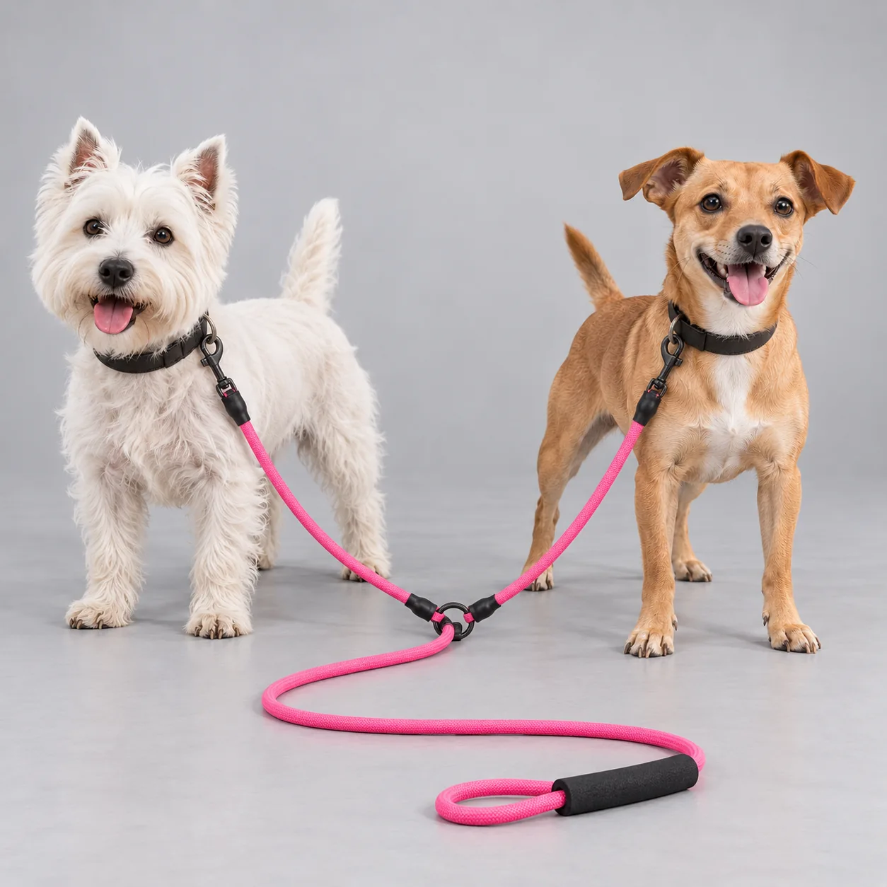 Two-Dog Rope Leash with Foam Handle — on-pet product visualization