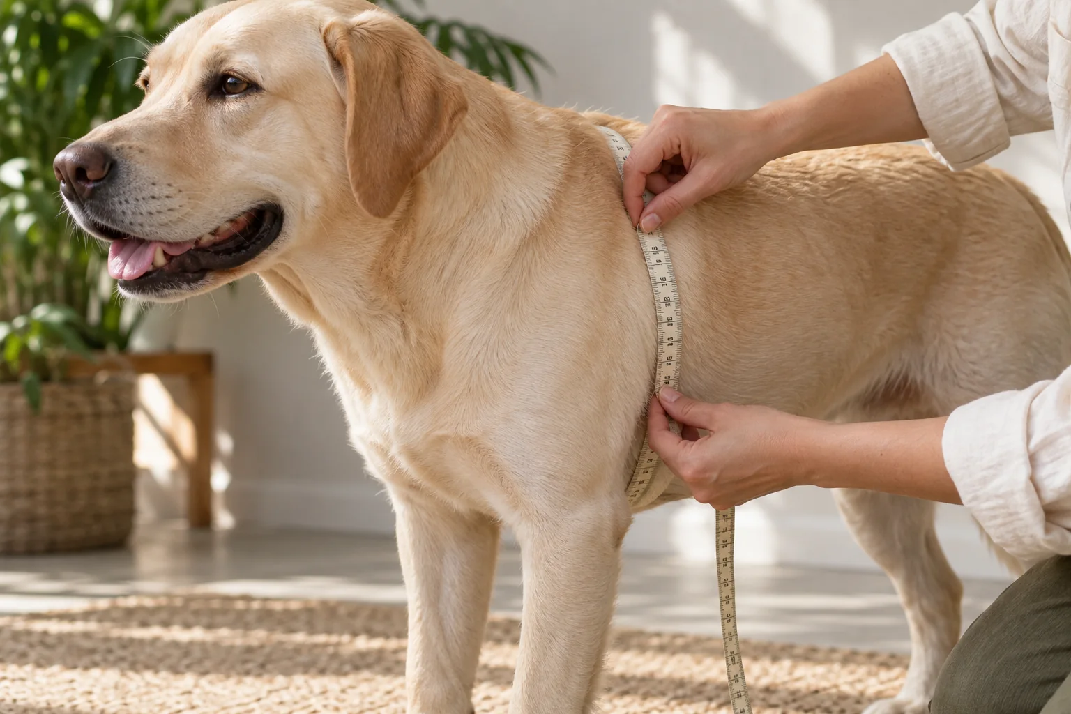 Illustrative scene of a standing dog being measured around the chest behind its front legs